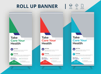 clinic medical roll up banner design template,minimalist and sample medical roll up banner design, medical roll up banner design layout, banners mockup, 
