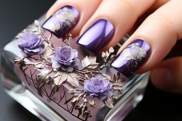 Womans Hand With Purple Manicure and Flower Design