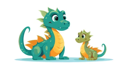 Deurstickers Draak Loving mother dragon and her baby cute funny family