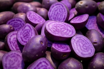 Obraz na płótnie Canvas Exotic Purple sweet potatoes. Fresh root agriculture raw vegetable. Generate Ai