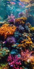 Obraz na płótnie Canvas Underwater vibrant coral reef garden teeming with life - Colorful corals of all shapes and sizes create a mesmerizing landscape with swaying sea anemones created with Generative AI Technology