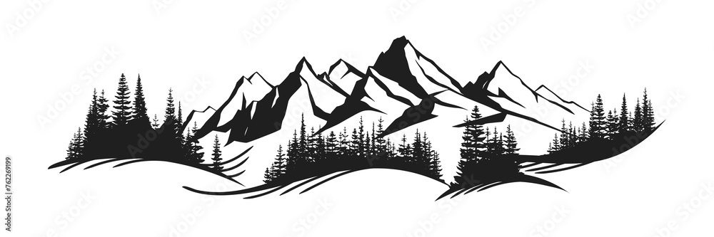 Wall mural silhouette mountain range and forest isolated on white background, vector design