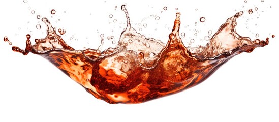Macro photography of a closeup shot capturing a splash of cola liquid on a white background, highlighting the vibrant color and refreshing nature of this popular beverage