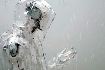 A white robot in a transparent raincoat stands in the rain against a light colored background.