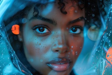 Beautiful african american girl in raincoat looking at camera