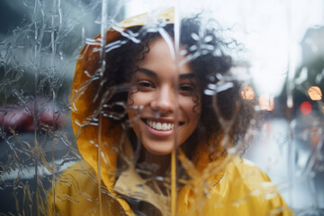 happy african american woman in raincoat looking at camera through glass