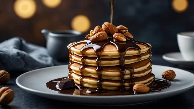 pancakes with nuts and chocolate on the table
