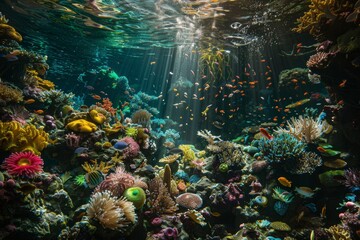 Naklejka na ściany i meble Underwater vibrant coral reef garden teeming with life - Colorful corals of all shapes and sizes create a mesmerizing landscape with swaying sea anemones created with Generative AI Technology