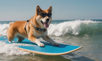 Akita inu puppy surfing on a blue surfboard at the beach on sunny day. Summer vacation holidays and travel concept.Concept for t- shirt design, backpacks and bags print,notebook covers design.