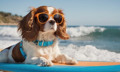 King Charlies Spaniel puppy surfing on blue surfboard at beach on sunny day. Summer vacation holidays and travel concept.Concept for t- shirt design, backpacks and bags print,notebook covers design.