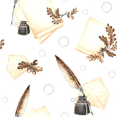 Seamless pattern from vintage writing supplies. Parchment paper, envelope, feather quill with inkwell, oak leaves. Hand drawn watercolor illustration for wallpaper, scrapbooking, wrapping, textile.