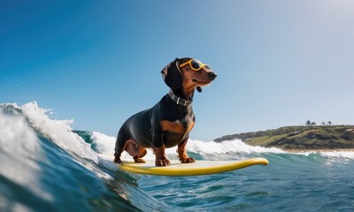 Surfing on big waves cool Dachshund puppy.Promoting beach resorts or hotels, summer vacation holidays and travel concept.Concept for t- shirt design, backpacks and bags print,notebook covers design.