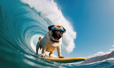 Surfing on big waves cool pug puppy.Promoting beach resorts or hotels, summer vacation holidays and travel concept.Concept for t- shirt design, backpacks and bags print,notebook covers design. - obrazy, fototapety, plakaty