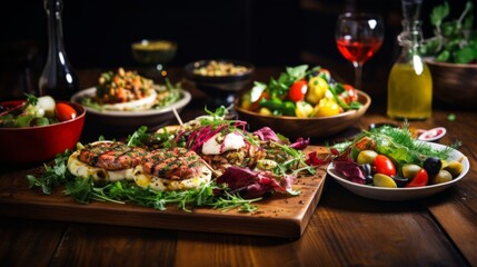 Food on a wooden table. A festive table setting with an assortment of traditional dishes