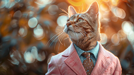 boss cat wearing business coat, tie, shirt and glasses , blur background , can be used for cards, business, banners, posters	
