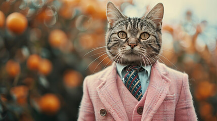 boss cat wearing business coat, tie, shirt and glasses , blur background , can be used for cards, business, banners, posters	
