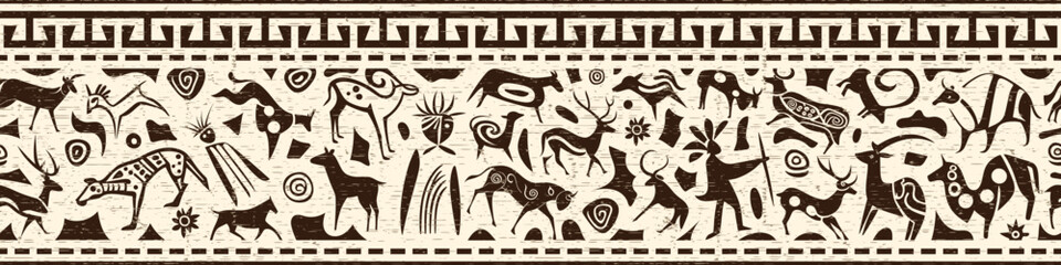 Fototapeta na wymiar Ethnic seamless border on the theme of rock paintings, vector design, banner 