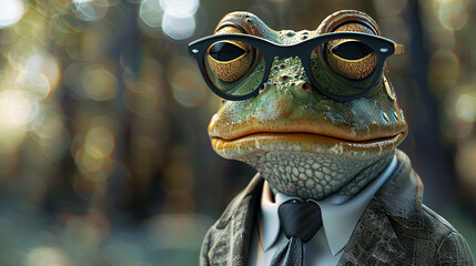 boss frog wearing business coat, tie, shirt and glasses , blur background , can be used for cards, business, banners, posters	
 - obrazy, fototapety, plakaty