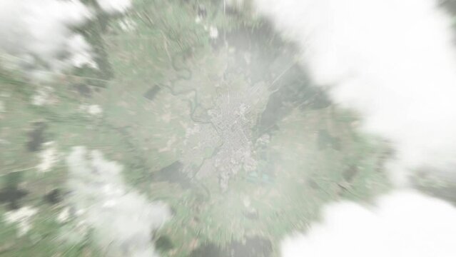 Earth zoom in from space to Taurage, Lithuania. Followed by zoom out through clouds and atmosphere into space. Satellite view. Travel intro. Images from NASA