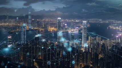 a city's night skyline, overlaid with smart service icons and concepts of internet of things, networks, and augmented reality, offering a glimpse into the future of urban connectivity. - obrazy, fototapety, plakaty