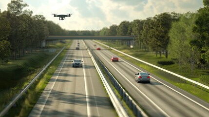 a drone performing surveillance along a highway, highlighting its discreet nature and advanced technology.