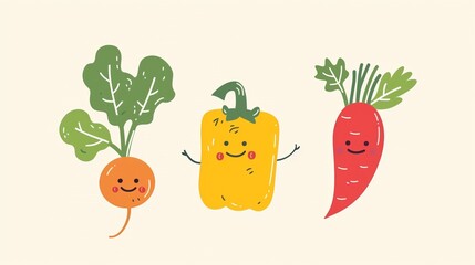 cute smiling vegetables characters for kids healthy food concept - obrazy, fototapety, plakaty