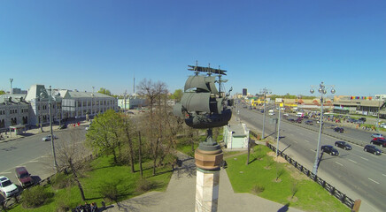 Monument of tallship on Rizhskaya square and Rizhsky Railway Station, aerial view