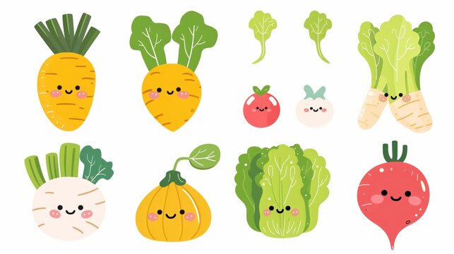 colorful and cheerful animated vegetable faces in vector art style