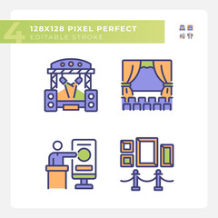 Cultural events pixel perfect RGB color icons set. Music festival. Theatrical performance. Trade conference. Isolated vector illustrations. Simple filled line drawings collection. Editable stroke