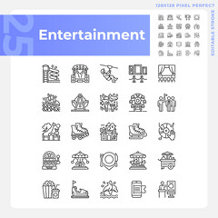 Entertainment activities pixel perfect linear icons set. Amusement park attractions. Family vacation. Customizable thin line symbols. Isolated vector outline illustrations. Editable stroke