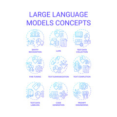 Obraz na płótnie Canvas Large language models blue gradient concept icons. Virtual assistance, machine learning. Icon pack. Vector images. Round shape illustrations. Abstract idea