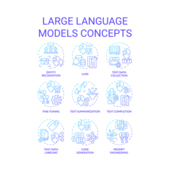  Large language models blue gradient concept icons. Virtual assistance, machine learning. Icon pack. Vector images. Round shape illustrations. Abstract idea © bsd studio