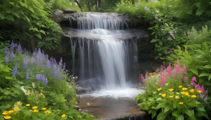 A close-up of a glistening waterfall surrounded by vibrant greenery, with delicate wildflowers peeking through the foliage, showcasing the natural beauty amplified by the fertilizer.