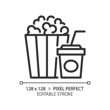 Movie popcorn bucket pixel perfect linear icon. Cinema snack, theatre treats. Junk food, striped box. Thin line illustration. Contour symbol. Vector outline drawing. Editable stroke