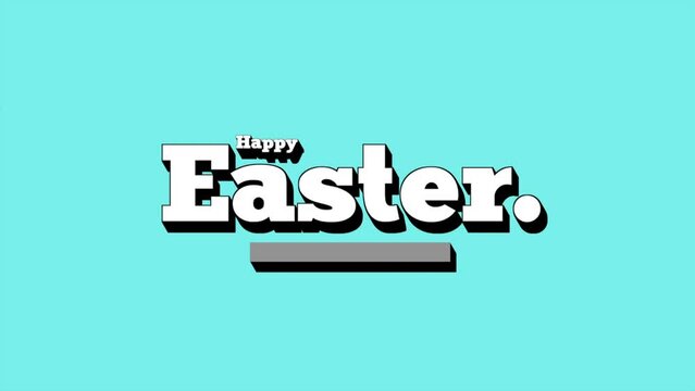 A festive Easter image featuring the words Happy Easter in bold font. The word happy is in white and Easter is in pink, set against a blue background