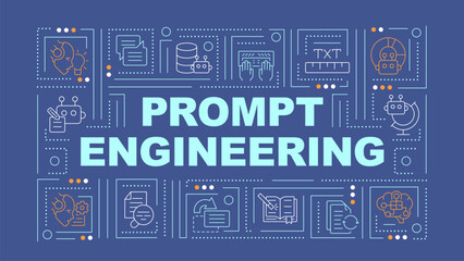 Prompt engineering dark blue word concept. Instruction for ai model. Typography banner. Flat design. Vector illustration with title text, editable line icons. Ready to use. Arial Black font used