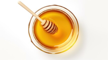Glass honey bowl with honey scoop Isolated on a white background