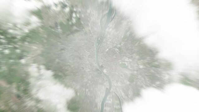 Earth zoom in from space to Budapest, Hungary. Followed by zoom out through clouds and atmosphere into space. Satellite view. Travel intro. Images from NASA