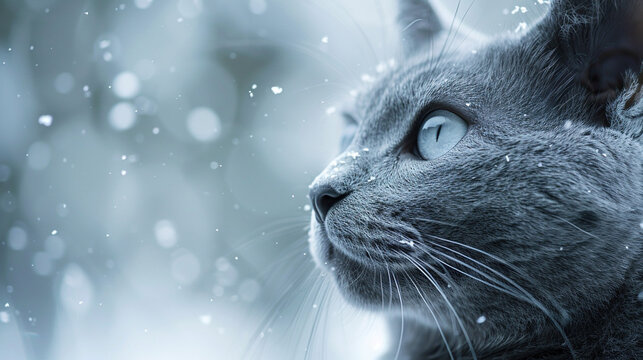 ice blue cat in snow blurred photo background, cute fur cat in snow 
