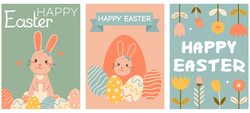 Cute Easter cards set, Spring collection of animals, flowers and decorations. Poster and Card
