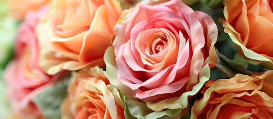 A stunning closeup of a beautiful bouquet featuring pink and orange roses, showcasing the intricate details of each flower in the rose family