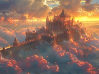 Ethereal castle wandering among clouds serene kingdom above - obrazy, fototapety, plakaty