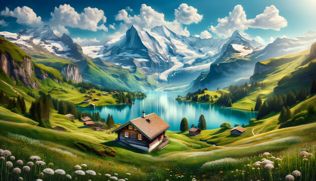 landscape with lake and mountains and a house