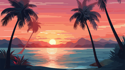 Ocean landscape sunse palm tree in the sides flat vector