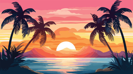 Ocean landscape sunse palm tree in the sides flat vector