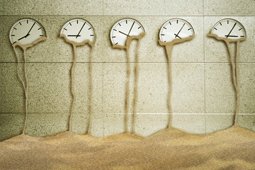 Clock on the wall turns into sand, concept of transience of time, collage