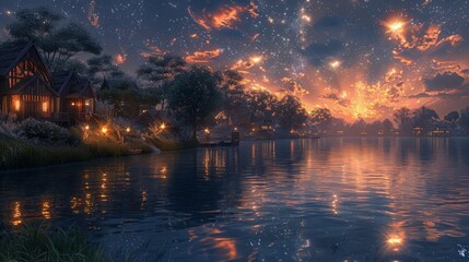 Flame Harbor under a starlit sky mirage glows