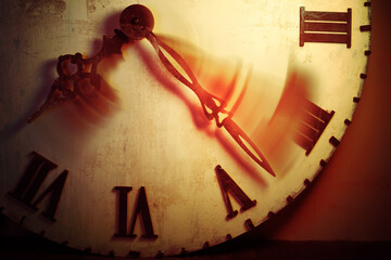 Old vintage watch with blurry arrows, concept of transience of time, collage