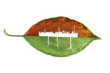Sheet from tree with factory and windmills, ecology, collage