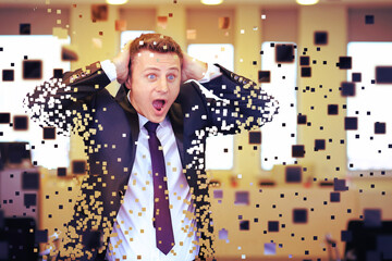Emotional businessman splits into pixels in office, collage